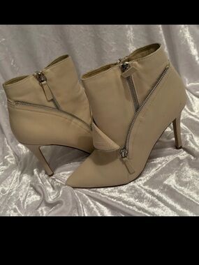 Fergie Beige Pointed Zip Ankle Booties